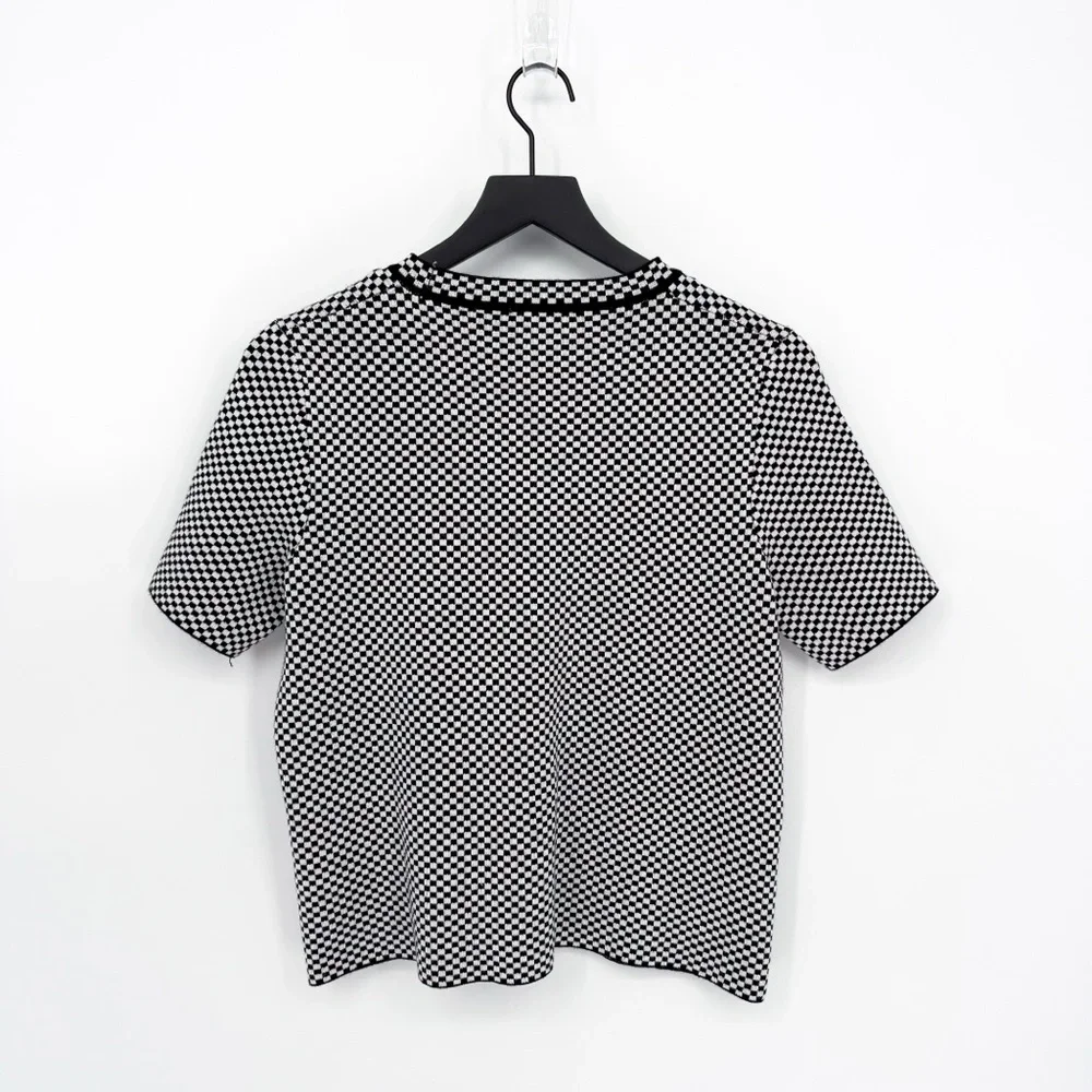 Adrianna Papell Micro Checkered Short Sleeve Knit Top Small